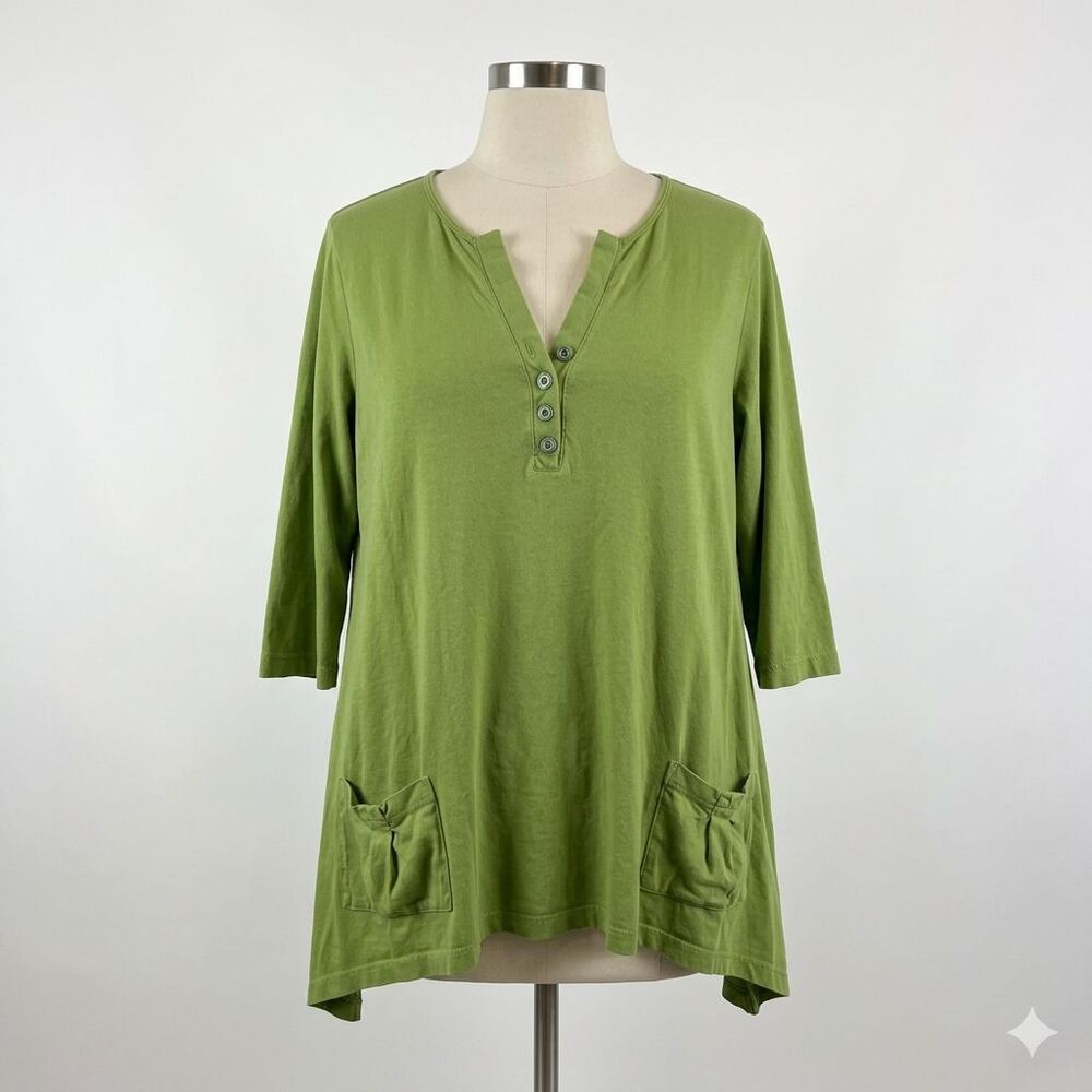 Prairie Cotton A-Line Slouchy Tunic Top Large Avacado Green Henley Pockets USA